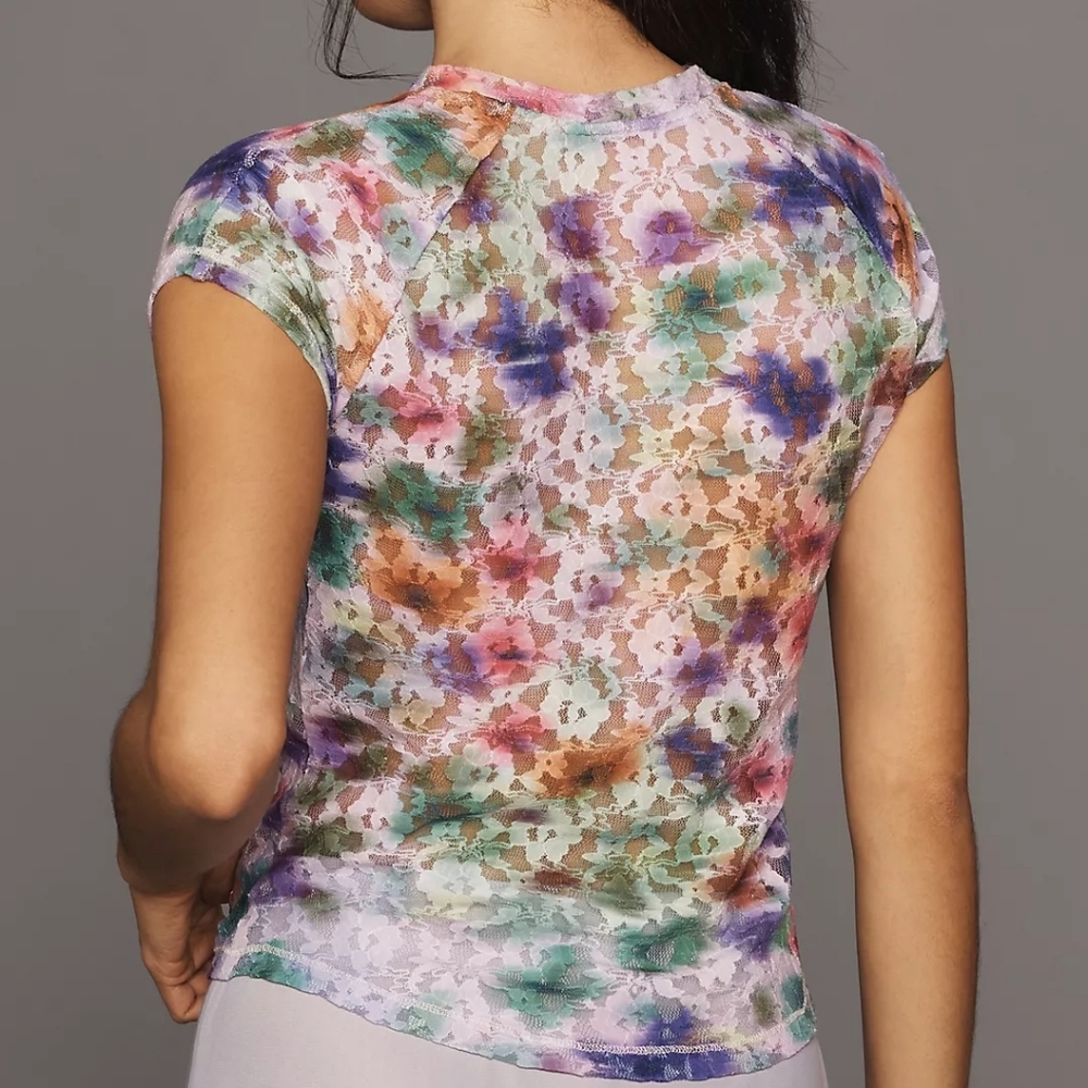 Anthropologie Pilcro Short Sleeve Mock-Neck Lace Top Size XS - Picture 5 of 11